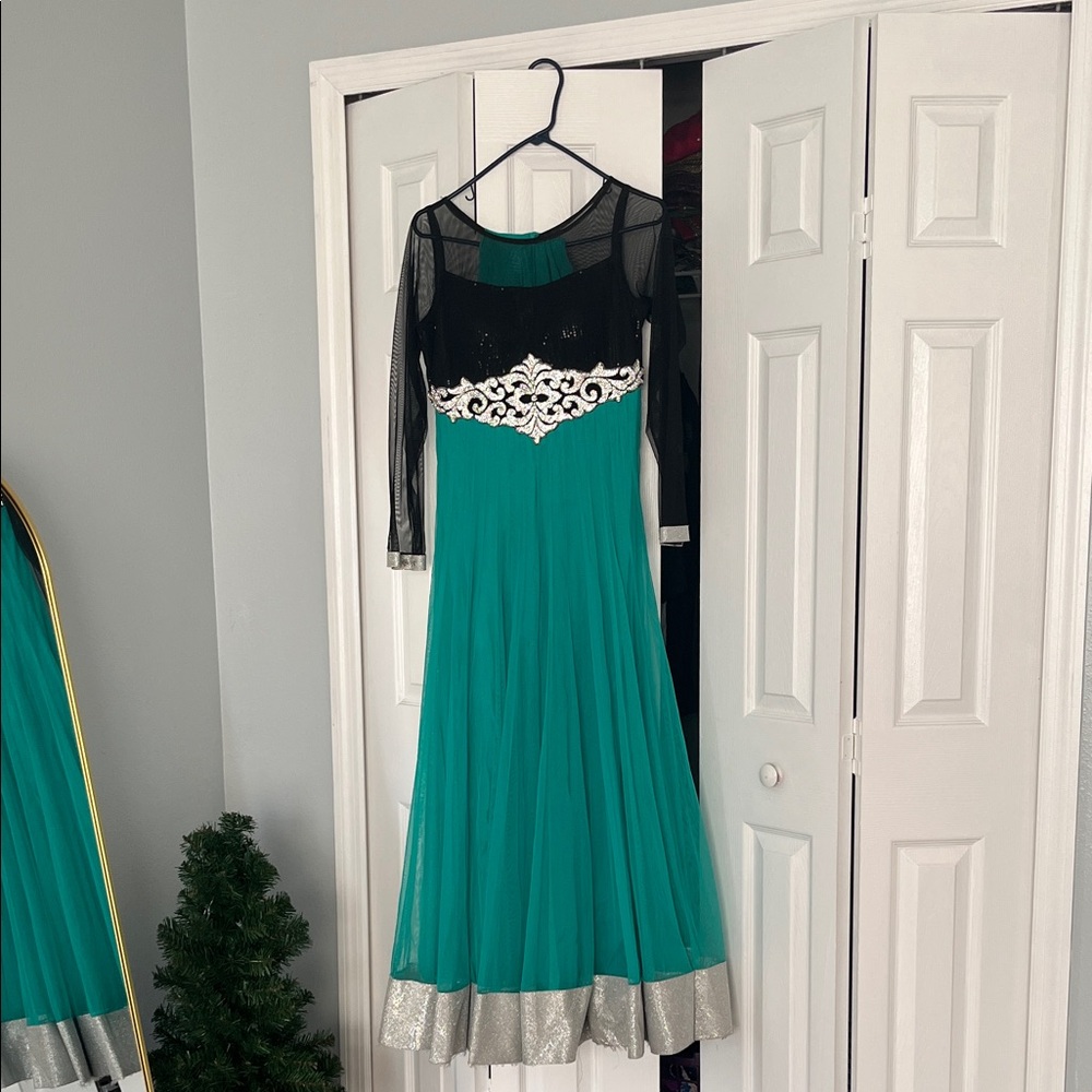 Elegant Teal and Black Dress with Silver Accents